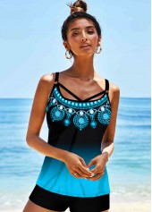 Cyan swimwear,Floral swimwear,ROTITA Strappy Back Tribal Print Tankini Set