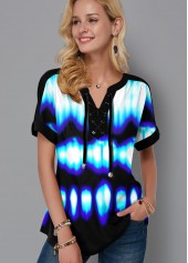 ROTITA Tie Dye Short Sleeve Lace Up Blouse
