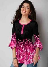 Hot Pink tops,Floral tops,ROTITA Hanky Cuff Floral Print Gradient Blouse