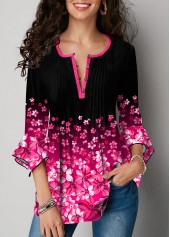 Hot Pink tops,Floral tops,ROTITA Hanky Cuff Floral Print Gradient Blouse
