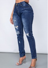Denim Blue bottoms,Plain Color bottoms,ROTITA Shredded Acid Washed Slant Pocket Skinny Jeans
