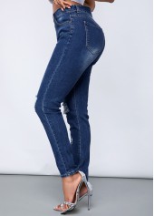 Denim Blue bottoms,Plain Color bottoms,ROTITA Shredded Acid Washed Slant Pocket Skinny Jeans