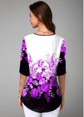 Purple tops,Floral tops,ROTITA Split Neck Floral Print Half Sleeve Blouse