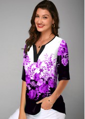 Purple tops,Floral tops,ROTITA Split Neck Floral Print Half Sleeve Blouse