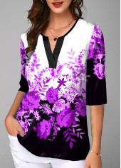 Purple tops,Floral tops,ROTITA Split Neck Floral Print Half Sleeve Blouse