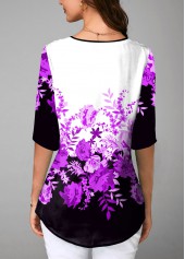 Purple tops,Floral tops,ROTITA Split Neck Floral Print Half Sleeve Blouse