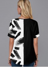 Black tops,Floral tops,ROTITA Printed Short Sleeve Split Neck Blouse