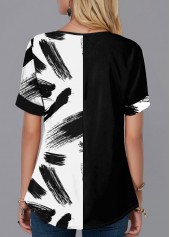 Black tops,Floral tops,ROTITA Printed Short Sleeve Split Neck Blouse