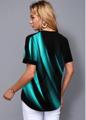 Cyan tops,Floral tops,ROTITA Printed Split Neck Short Sleeve Gradient Blouse