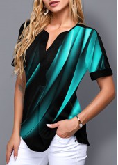 Cyan tops,Floral tops,ROTITA Printed Split Neck Short Sleeve Gradient Blouse