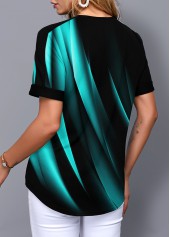 Cyan tops,Floral tops,ROTITA Printed Split Neck Short Sleeve Gradient Blouse