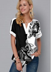ROTITA Paisley Print Short Sleeve Split Neck Blouse