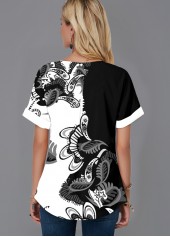 Black tops,Paisley tops,ROTITA Paisley Print Short Sleeve Split Neck Blouse