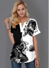 Black tops,Paisley tops,ROTITA Paisley Print Short Sleeve Split Neck Blouse