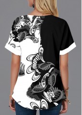 Black tops,Paisley tops,ROTITA Paisley Print Short Sleeve Split Neck Blouse