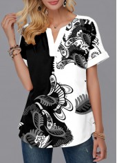 Black tops,Paisley tops,ROTITA Paisley Print Short Sleeve Split Neck Blouse