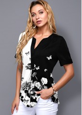ROTITA Split Neck Floral Print Short Sleeve Blouse
