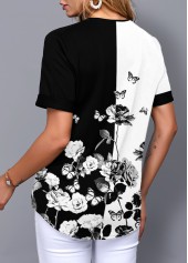 Multi Color tops,Floral tops,ROTITA Split Neck Floral Print Short Sleeve Blouse