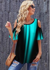 Blue tops,Floral tops,ROTITA Printed Cold Shoulder Round Neck T Shirt