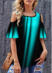 Blue tops,Floral tops,ROTITA Printed Cold Shoulder Round Neck T Shirt