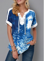 ROTITA Tropical Print Tie Dye Lace Up Blouse