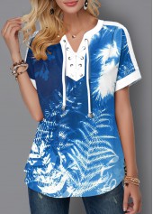 Blue tops,Plants tops,ROTITA Tropical Print Tie Dye Lace Up Blouse