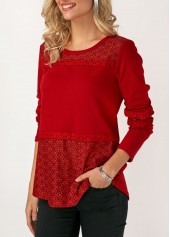 Red tops,Plain Color tops,ROTITA Lace Panel Long Sleeve Round Neck T Shirt
