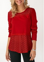Red tops,Plain Color tops,ROTITA Lace Panel Long Sleeve Round Neck T Shirt