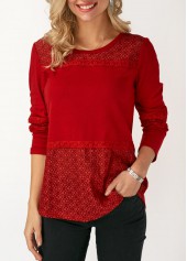 Red tops,Plain Color tops,ROTITA Lace Panel Long Sleeve Round Neck T Shirt