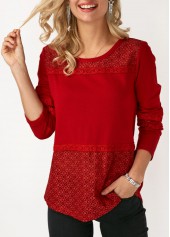 ROTITA Lace Panel Long Sleeve Round Neck T Shirt