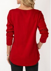 Red tops,Plain Color tops,ROTITA Lace Panel Long Sleeve Round Neck T Shirt