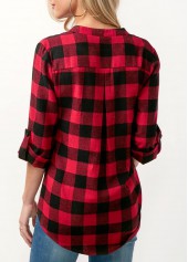 Red tops,Plaid tops,ROTITA Split Neck Plaid Print Roll Tab Sleeve Blouse