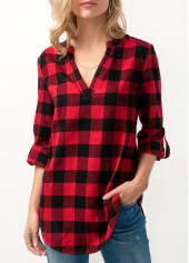 Red tops,Plaid tops,ROTITA Split Neck Plaid Print Roll Tab Sleeve Blouse