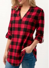 Red tops,Plaid tops,ROTITA Split Neck Plaid Print Roll Tab Sleeve Blouse