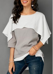 Grey tops,Contrast Color tops,ROTITA Layered Hem Contrast Overlay Detail Blouse
