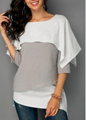 Grey tops,Contrast Color tops,ROTITA Layered Hem Contrast Overlay Detail Blouse