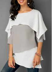 Grey tops,Contrast Color tops,ROTITA Layered Hem Contrast Overlay Detail Blouse