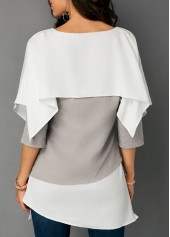 Grey tops,Contrast Color tops,ROTITA Layered Hem Contrast Overlay Detail Blouse