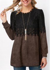 Dark Coffee tops,Contrast Color tops,ROTITA Lace Panel Long Sleeve Round Neck T Shirt