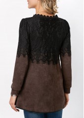 Dark Coffee tops,Contrast Color tops,ROTITA Lace Panel Long Sleeve Round Neck T Shirt