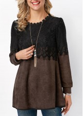ROTITA Lace Panel Long Sleeve Round Neck T Shirt