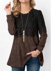 Dark Coffee tops,Contrast Color tops,ROTITA Lace Panel Long Sleeve Round Neck T Shirt