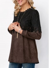 Dark Coffee tops,Contrast Color tops,ROTITA Lace Panel Long Sleeve Round Neck T Shirt