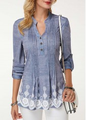 Dusty Blue tops,Floral tops,ROTITA Crinkle Chest Split Neck Floral Print Blouse