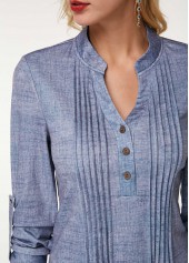 Dusty Blue tops,Floral tops,ROTITA Crinkle Chest Split Neck Floral Print Blouse