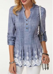 ROTITA Crinkle Chest Split Neck Floral Print Blouse