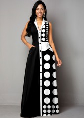 ROTITA Button Up Color Block Polka Dot Maxi Dress