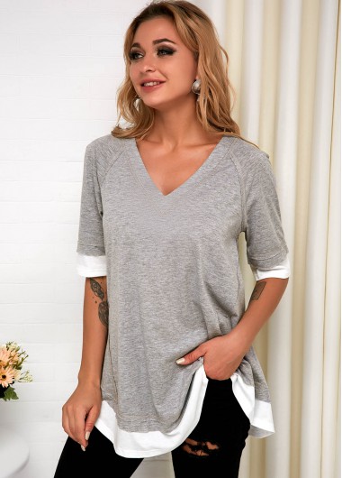 Grey tops,Plain Color tops,ROTITA Grey V Neck Faux Two Piece T Shirt