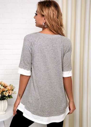 Grey tops,Plain Color tops,ROTITA Grey V Neck Faux Two Piece T Shirt