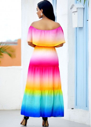 Multi Color dresses,Floral dresses,ROTITA Printed Rainbow Color Ruffle Overlay Maxi Dress